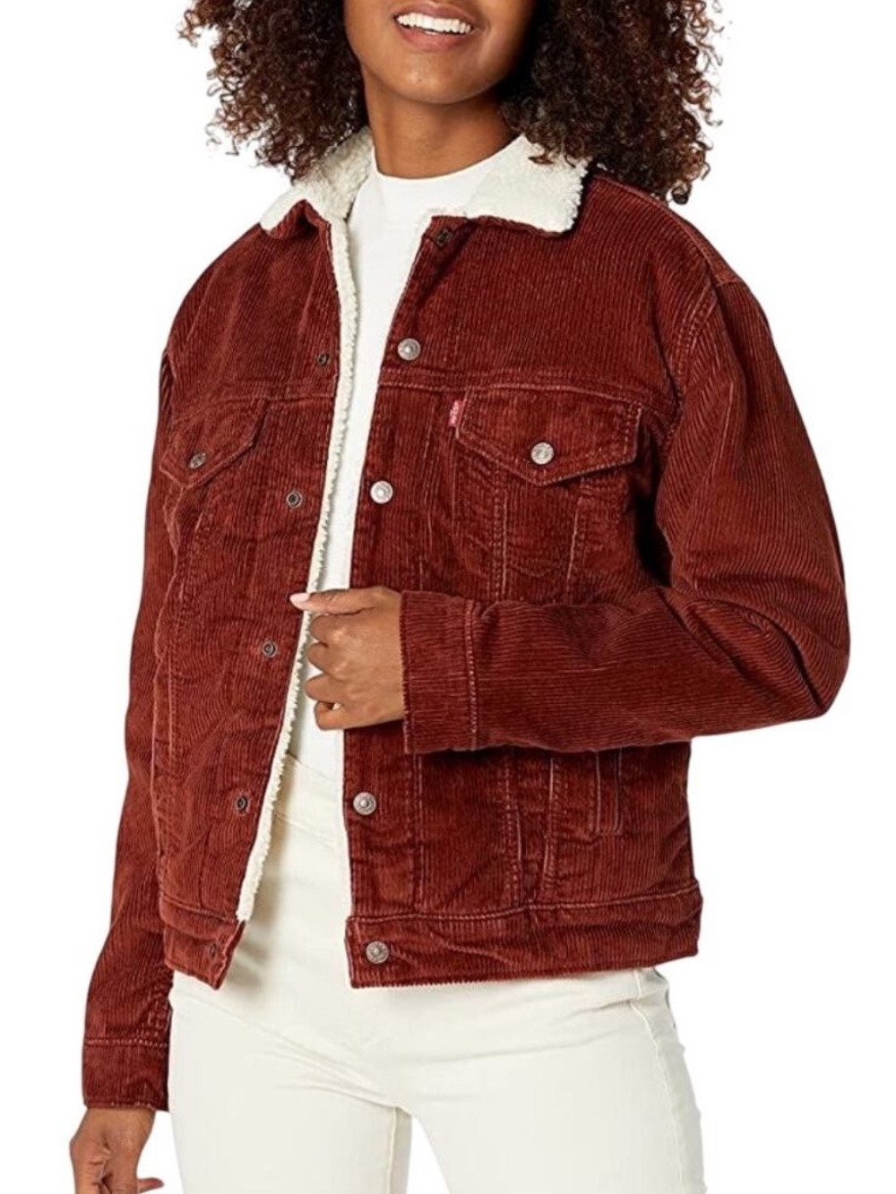 Levi’s Women’s Ex Boyfriend Maroon Rust Sherpa Corduroy Trucker Jacket M